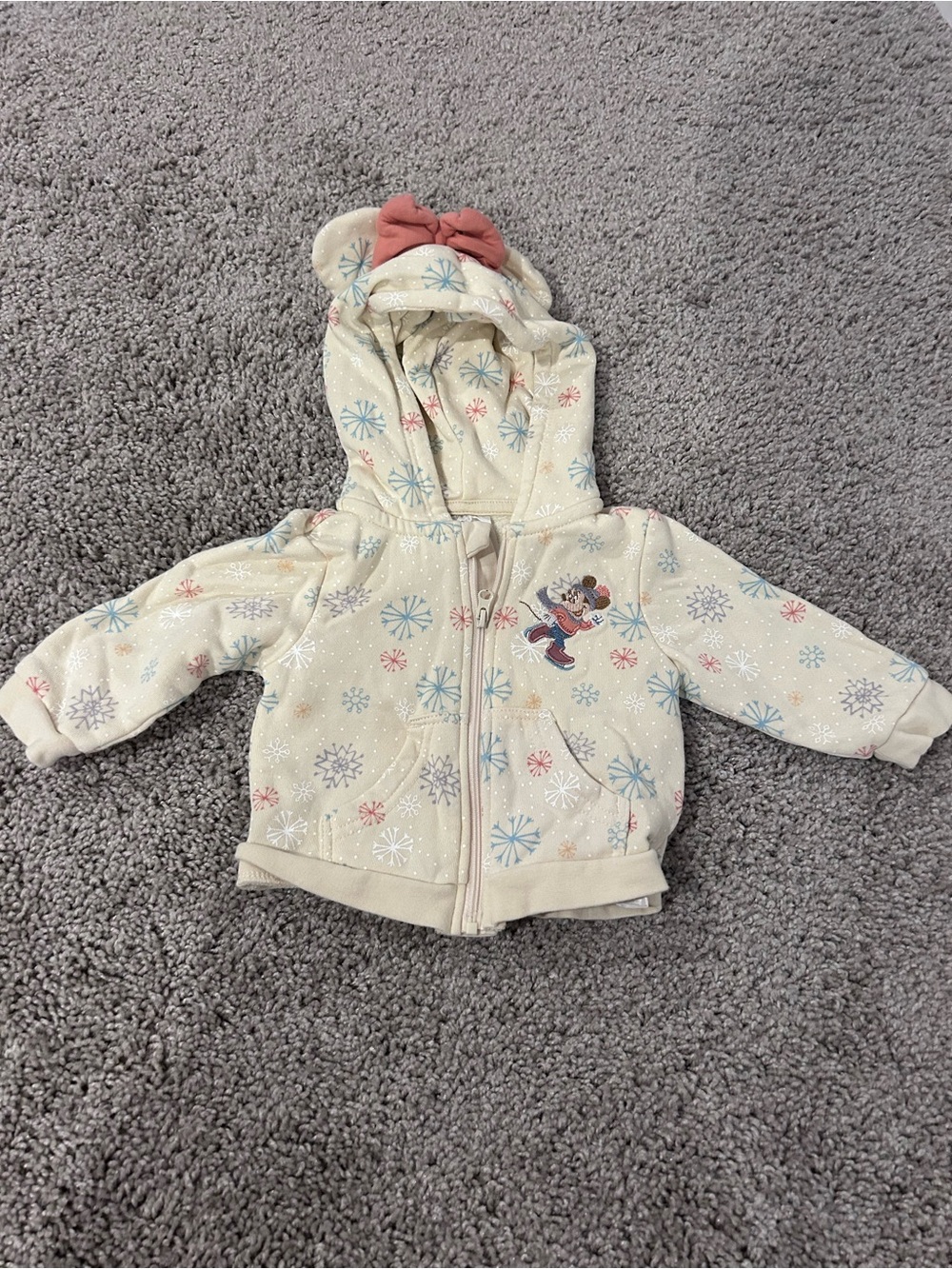 Disney Cream Hoodie with Blue and Pink Snowflakes and Bow Ear Hood